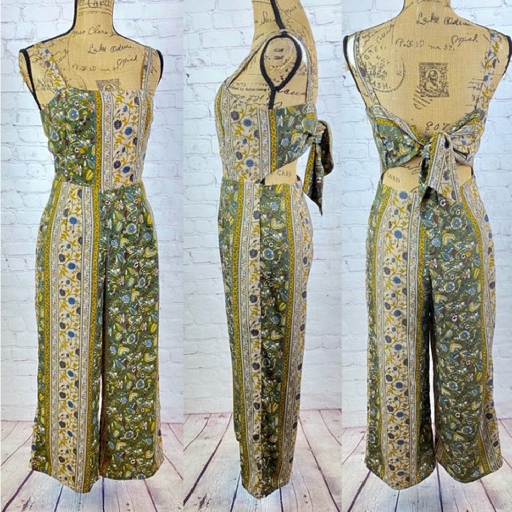 Blue Rain Green Floral Print Peekaboo Back Jumpsuit